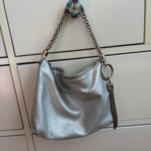 Jimmy Choo Callie Metallic Silver Leather Clutch Bag with Chain Tassel